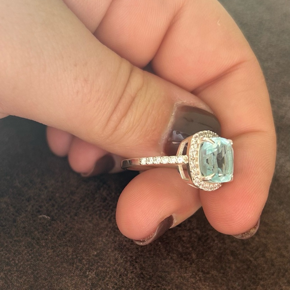 Aquamarine Cushion Cut Halo Sterling Silver Ring - Picture 4 of 5